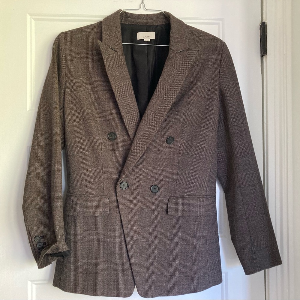 LOFT Plaid Blazer Brown and Light Blue Wool